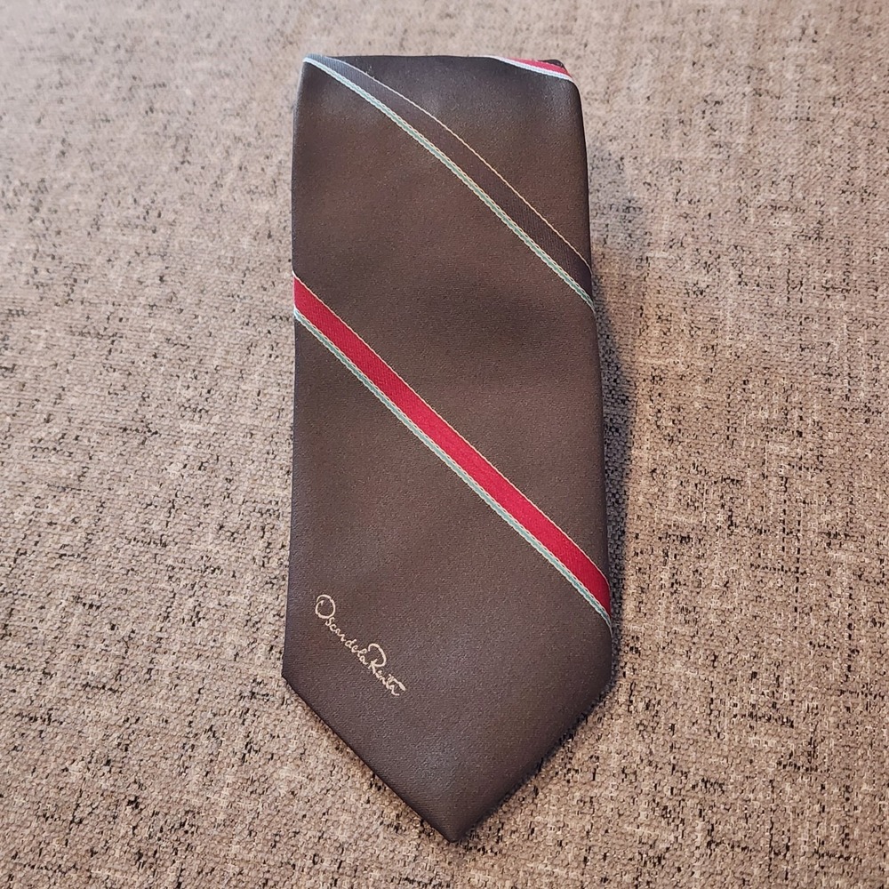 Vintage Oscar De La Renta Gray With Red Light Blue Striped Necktie